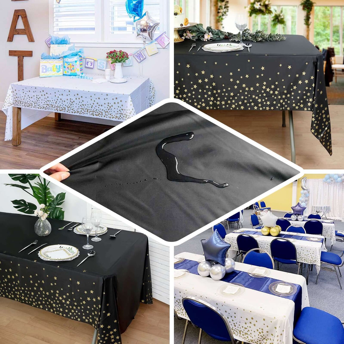5-Pack Plastic Table Covers Black Rectangle with Gold Stars - Decorative PVC Disposable Tablecloths 54"x108"