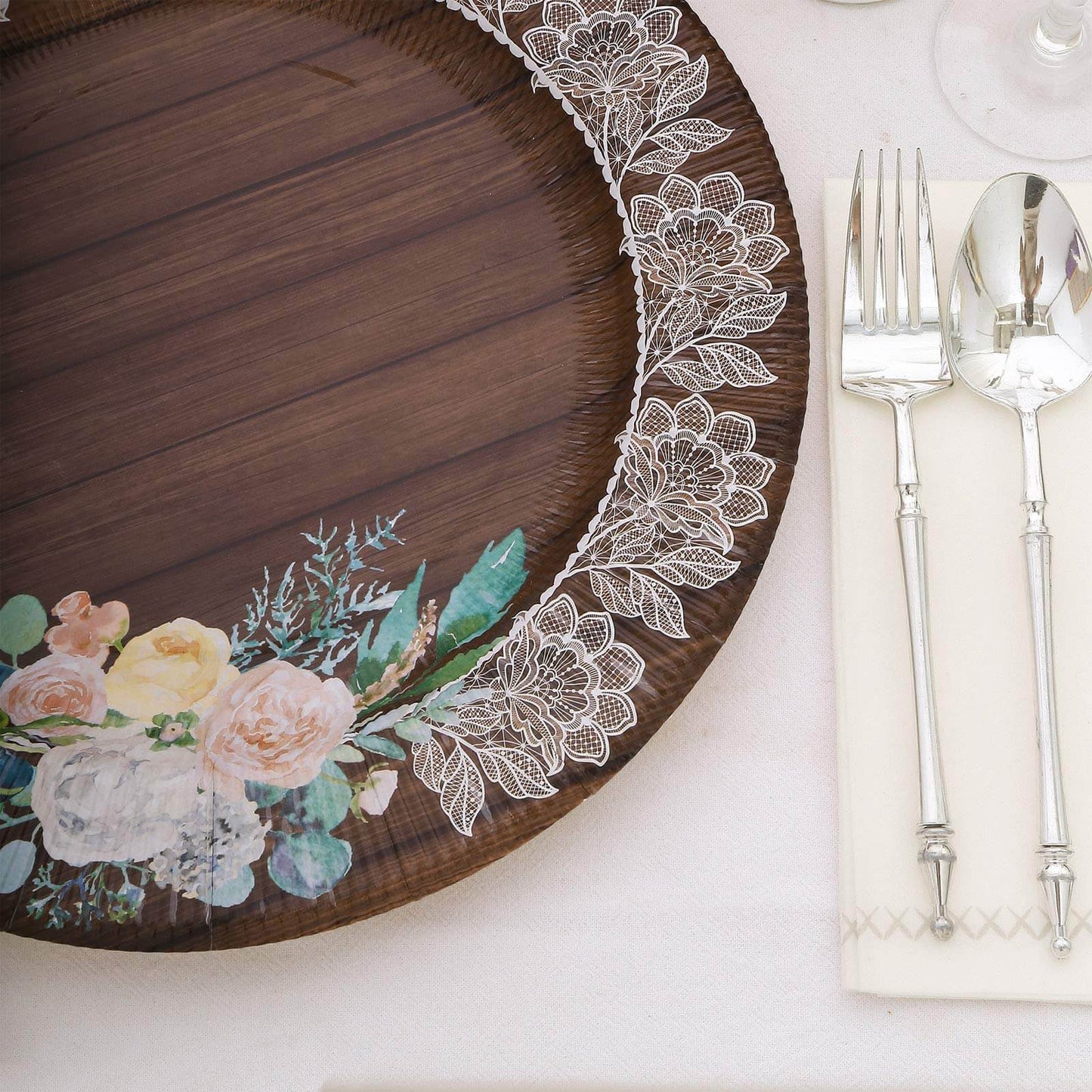 25-Pack Paper 10" Round Dinner Plates in Brown Wood Print with Floral Lace Rim - Disposable Party Plates for Farmhouse Weddings & Rustic Themes