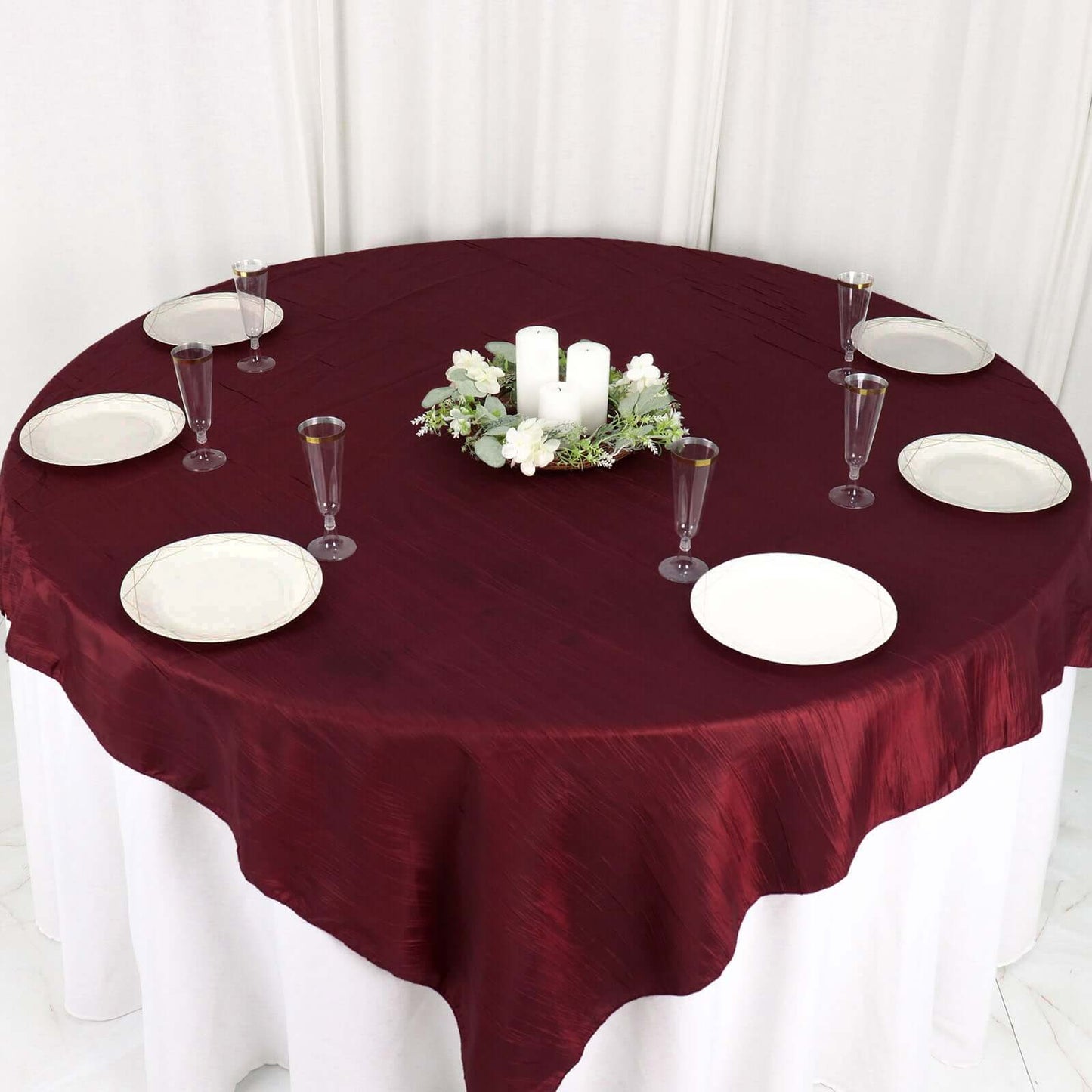 Taffeta 72"x72" Table Overlay Square Tablecloth Burgundy - Accordion Crinkle Table Cover
