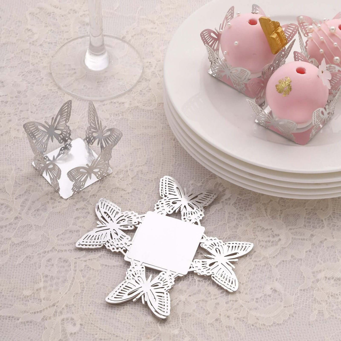 50-Pack Mini Paper Truffle Cup Liners Butterfly Square Design Metallic Silver - 225GSM Cupcake Tray Wrappers 4"