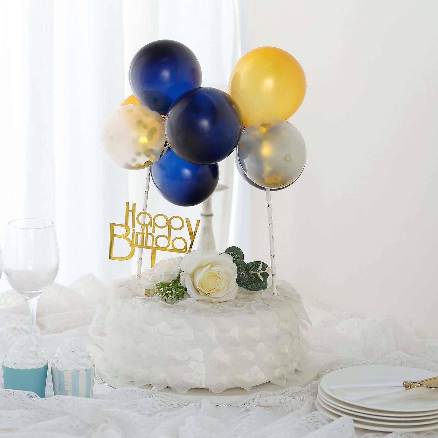 11 Pcs Balloon Cake Topper Clear, Gold and Navy Blue - Whimsical Clustered Mini Garland Cake Inserts DIY Party Decorations