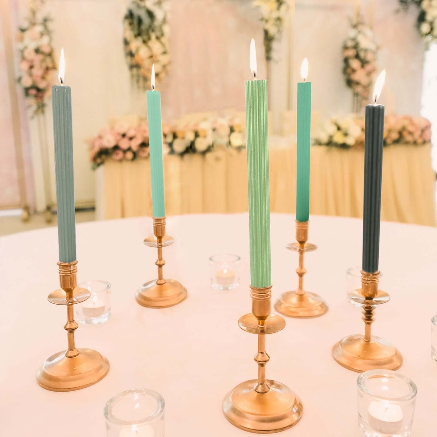 5-Pack Taper Candles Ribbed Wick Ribbon Wax Design Assorted Green - Premium Unscented Dinner Candles 9"