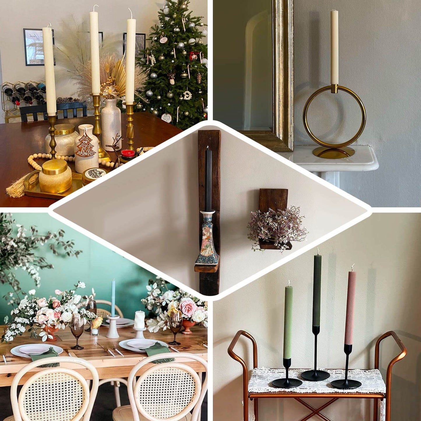 5-Pack Taper Candles Ribbed Wick Ribbon Wax Design Gold - Premium Unscented Dinner Candles 9"