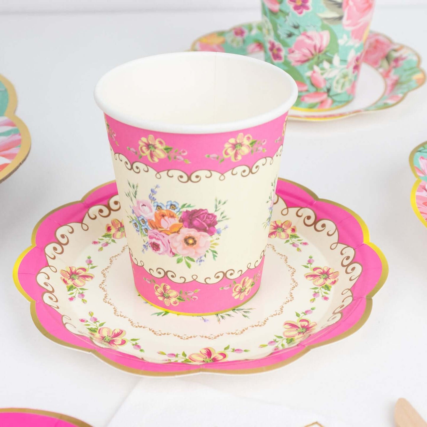 24-Pack Paper Cup and Saucer Set in Mixed Vintage Floral Print - Disposable Tea Party Supplies Kit for Baby Showers & Birthdays
