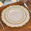 10-Pack Plastic 8" Round Dessert Plates in Taupe with Gold Scalloped Rim - Disposable Appetizer/Salad Plates