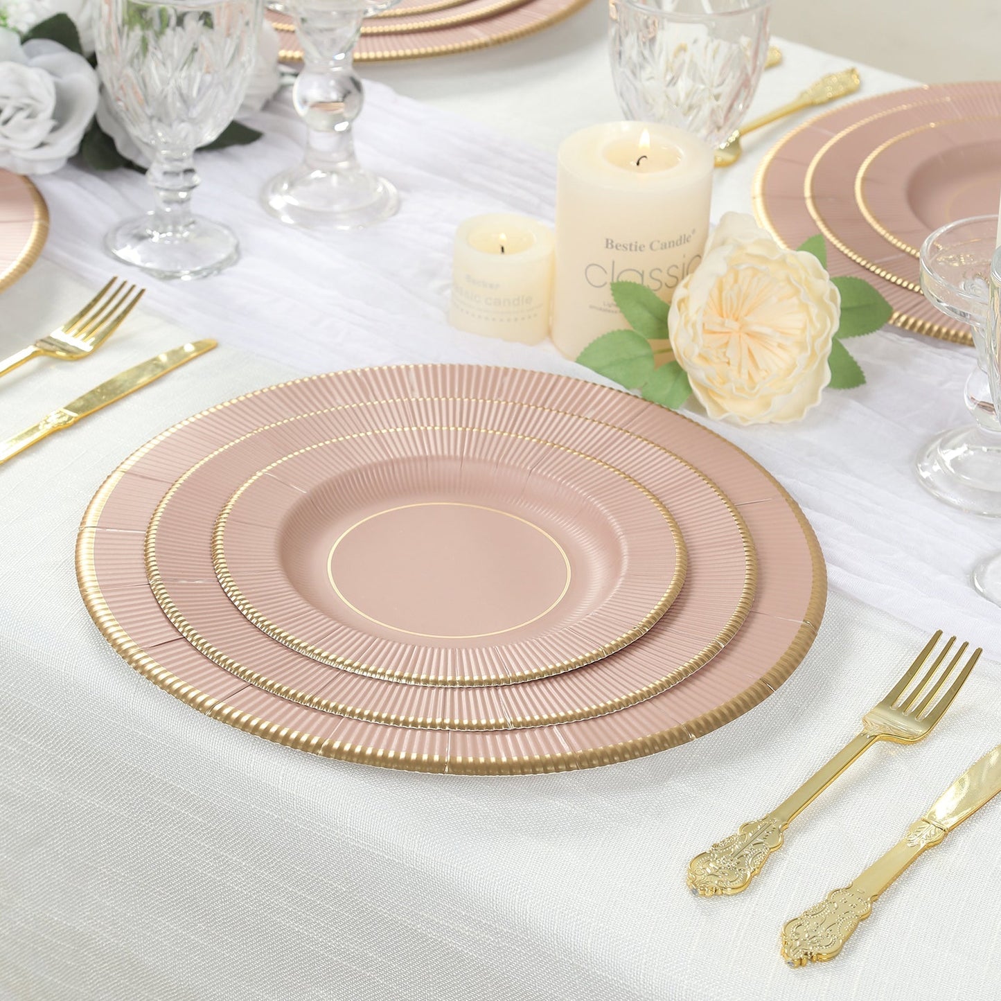 25-Pack Paper 8" Round Dessert Plates in Dusty Rose Sunray Design with Gold Rim - Disposable Heavy Duty 350GSM Appetizer Salad Plates
