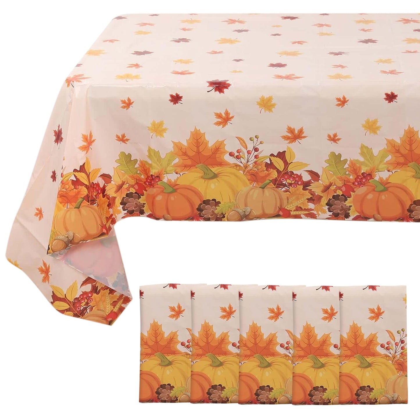 5-Pack Plastic Tablecloths Orange Thanksgiving Rectangle with Fall Leaves Pumpkin Print - Festive PVC Disposable Table Covers 54"x108"