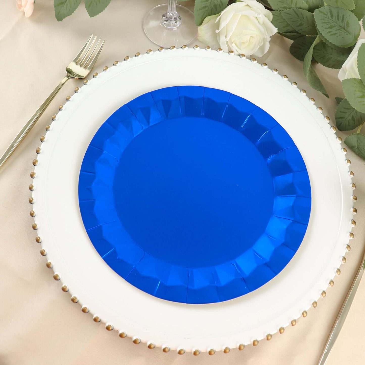 25-Pack Paper 9" Round Dinner Plates in Royal Blue with Geometric Prism Rim - Disposable 400GSM Party Plates