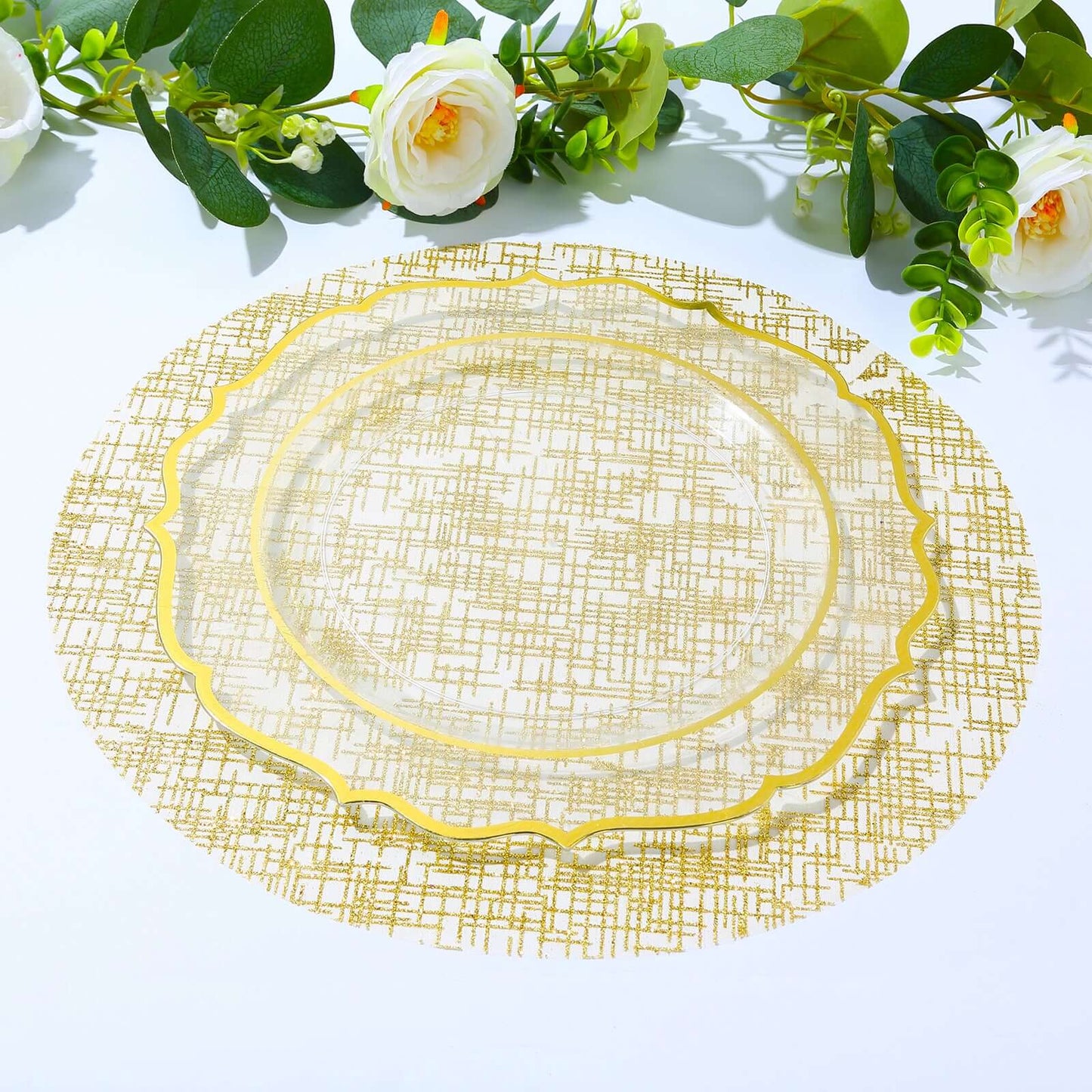 10-Pack Table Placemats Glitter Design Metallic Gold Round - Mesh Polyester Disposable Mats 13"