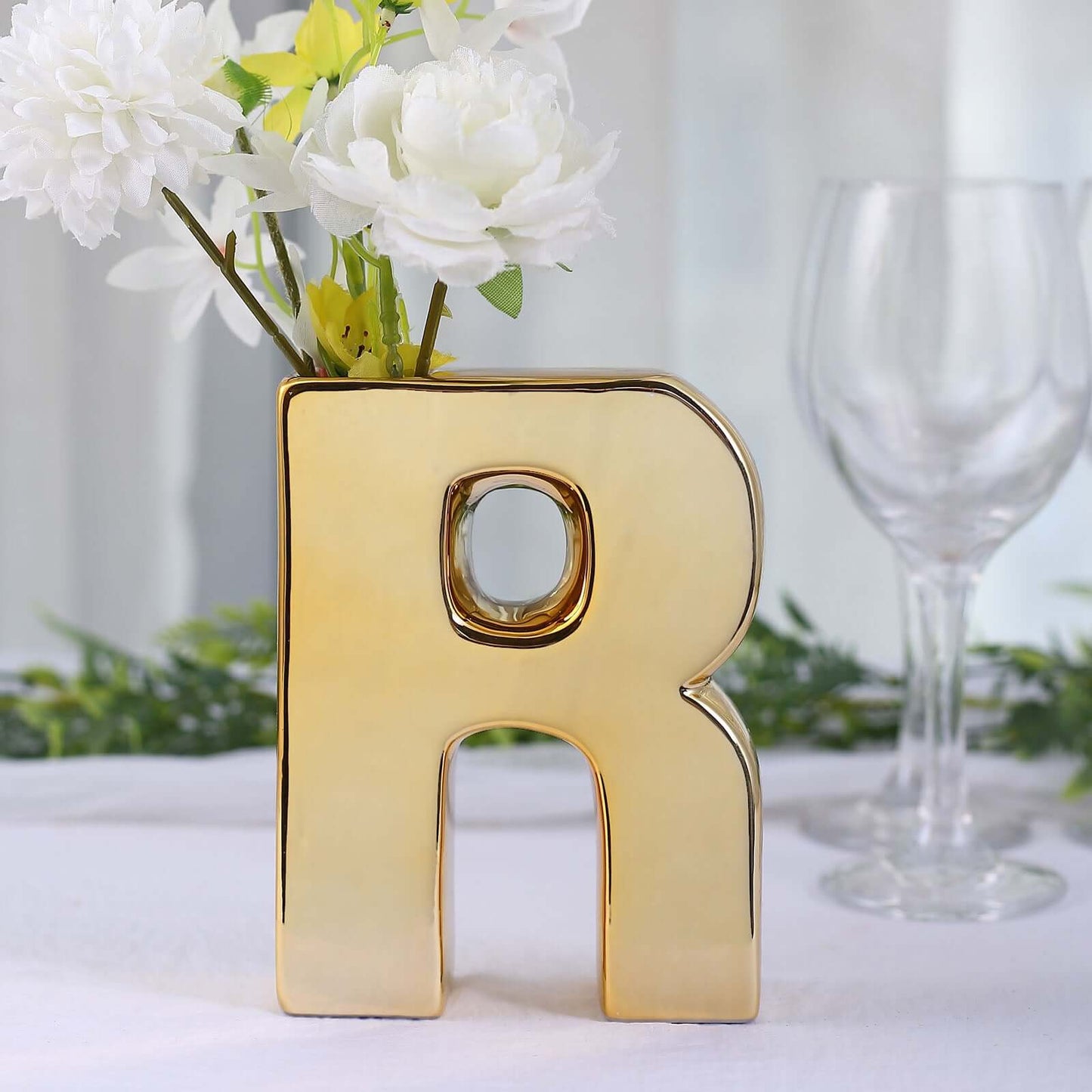 Shiny Ceramic Vase Letter "R" Gold Plated - Chic Bud Planter Pot for Events & Decor 6"