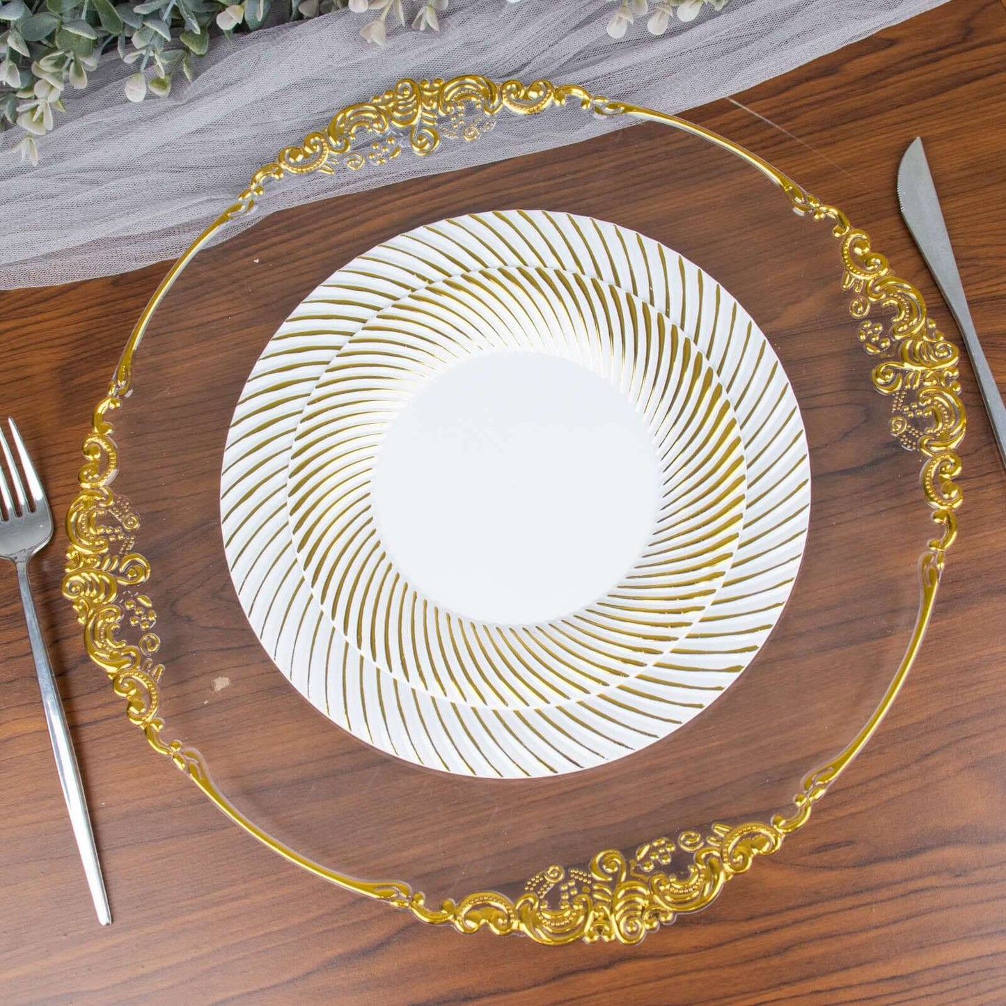 10-Pack Plastic 7" Round Dessert Plates in White with Gold Swirl Rim - Disposable Salad Plates for Classy Events & Banquets