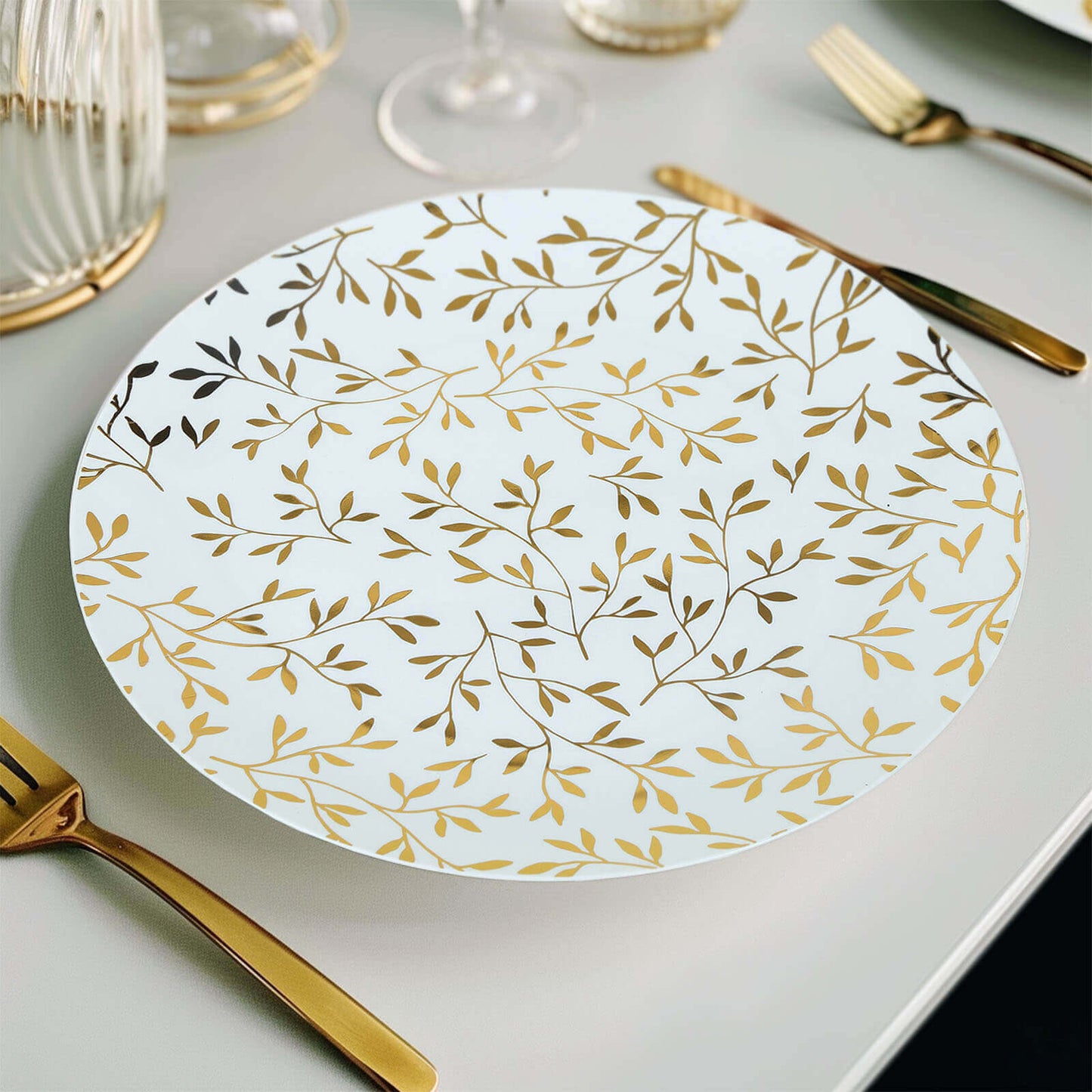10-Pack Plastic 10" Round Dinner Plates in White with Gold Leaf Design - Heavy Duty Disposable Party Plates for Stylish Events & Memorable Gatherings