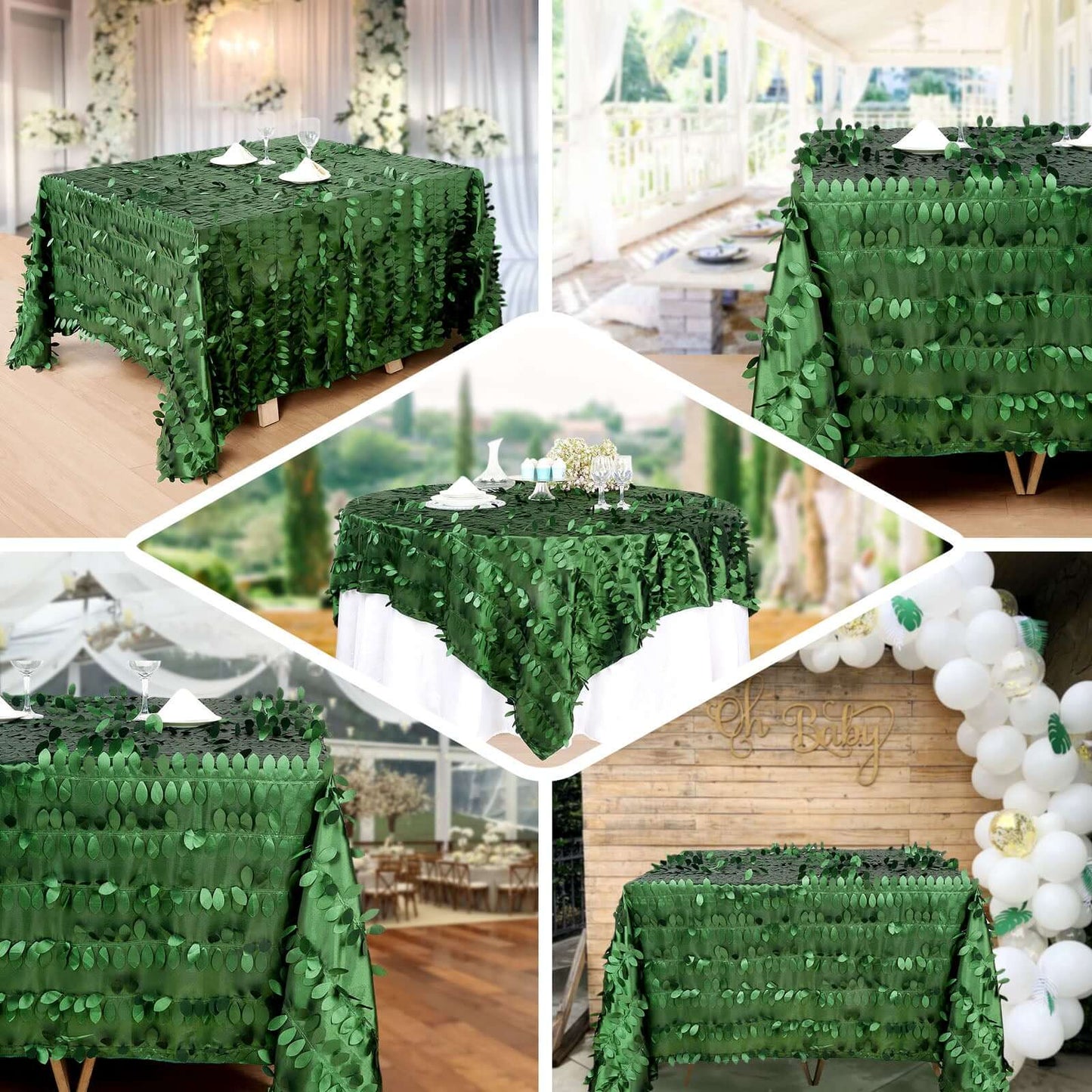 Taffeta 90"x90" Table Overlay Square Tablecloth Green - Leaf Petal Design for Stylish Celebrations