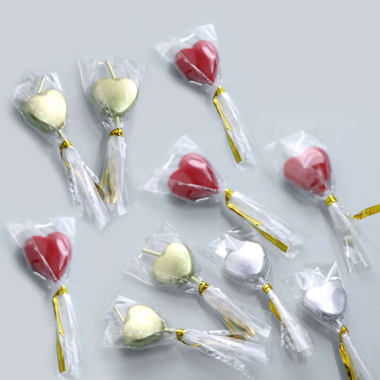 10-Pack Heart Shaped Cupcake Candles Love and Valentine Dessert Toppers - Red, Silver, and Gold