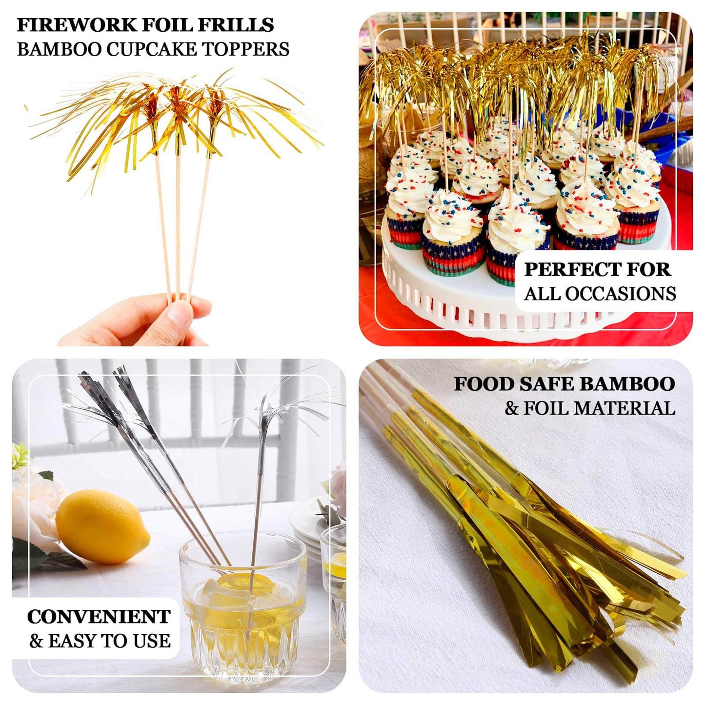 100-Pack Bamboo Cocktail Sticks Firework Cupcake Toppers Silver - Festive Foil Frills Food Picks 9"