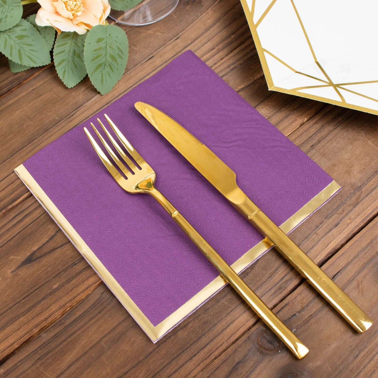 50-Pack Paper Beverage Napkins with Gold Foil Edge Purple - Disposable 2 Ply Cocktail Napkins for Events 6.5"x6.5"