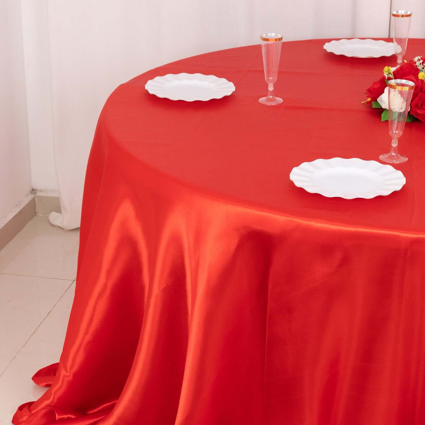 Satin 132" Round Tablecloth Red - Stylish Seamless Table Cover