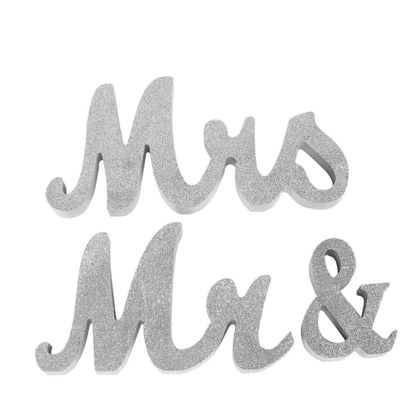 Wooden "Mr & Mrs" Freestanding Letters Silver Glittered - Rustic Glam Wedding Table Display Signs