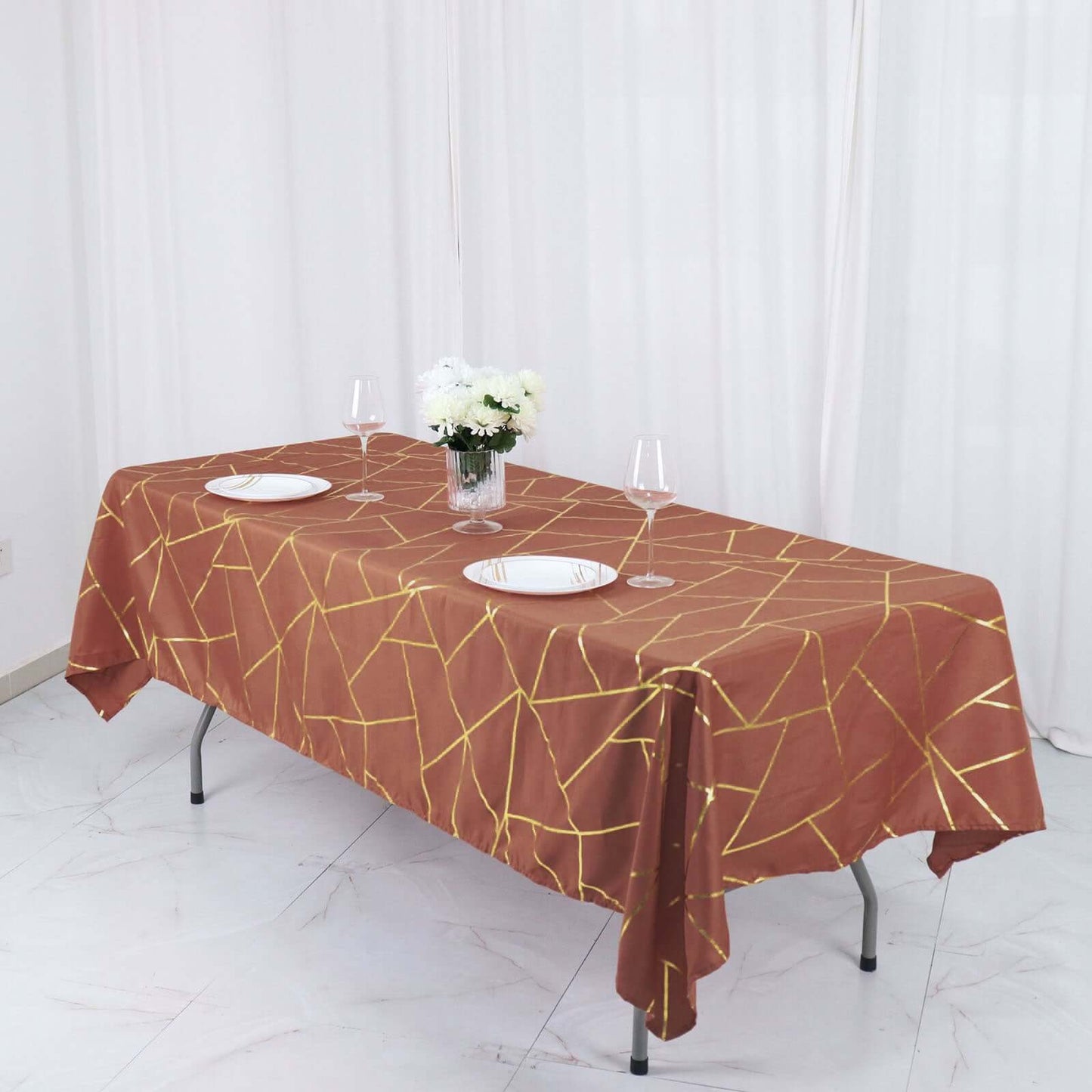 Polyester 60"x102" Rectangle Tablecloth Terracotta (Rust) with Gold Foil Geometric Pattern - Wrinkle-Resistant & Durable Table Cover