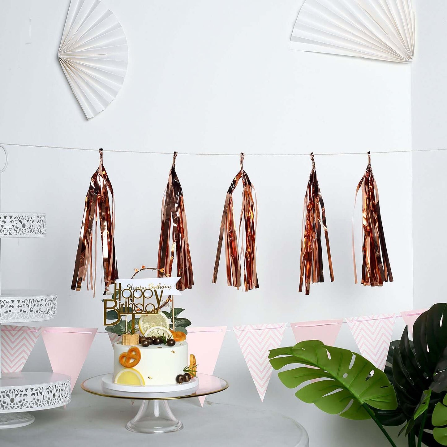 7.5ft Long Rose Gold Hanging Foil Tassel Garland, Metallic Tinsel Fringe Banner Party Streamer Backdrop Decorations