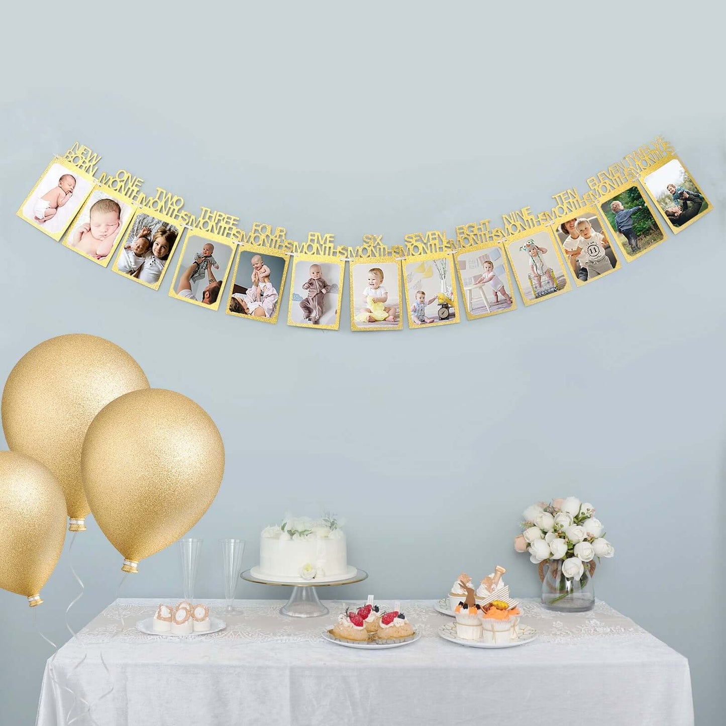 12 Month Milestone 1st Birthday Party Photo Backdrop Hanging Banner, Baby Photo Garland Banner - 5.5ft