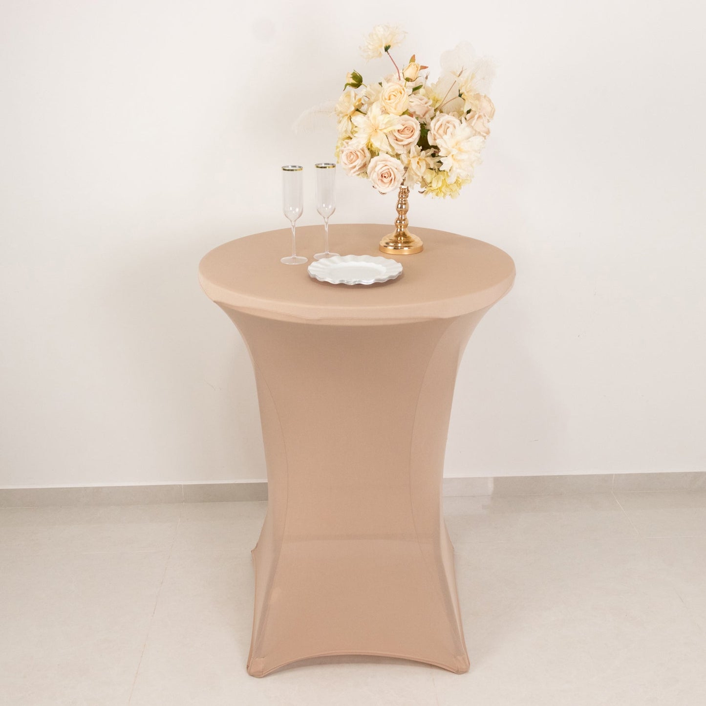 Spandex 30" Round Cocktail Table Cover Nude - Easy to Maintain Stretch Fitted Highboy Tablecloth