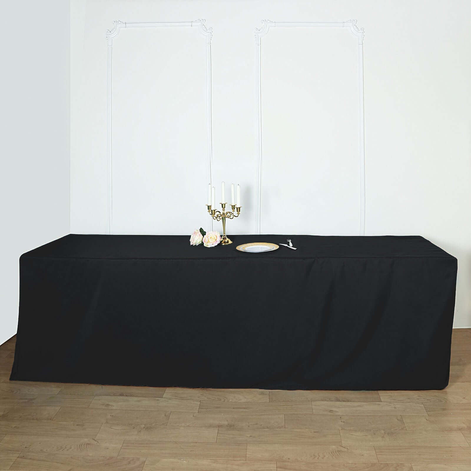 Fitted Polyester 96"x30" Rectangle Tablecloth Black - Durable and Easy to Maintain Table Cover - Linen Luxes