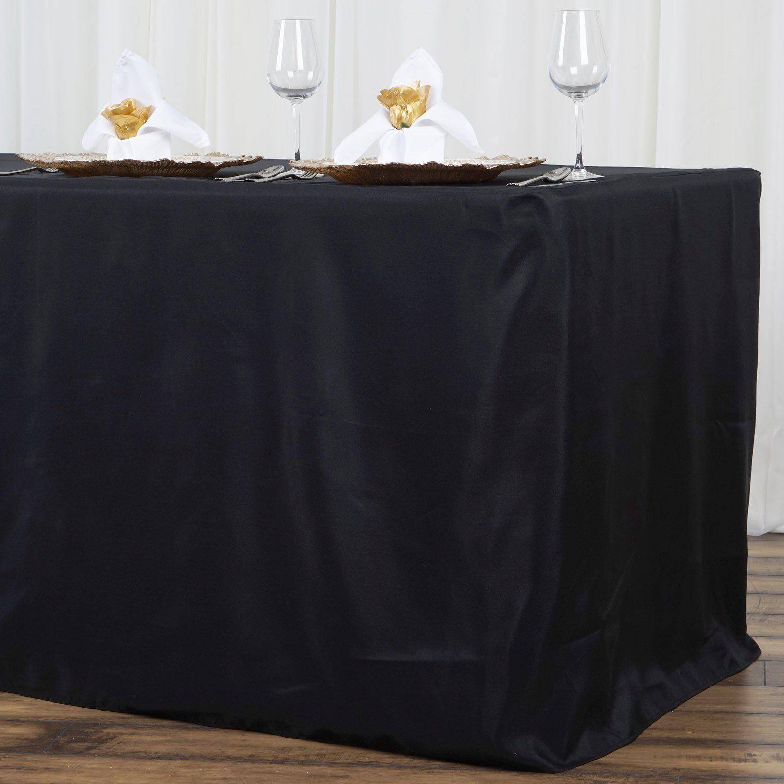 Fitted Polyester 96"x30" Rectangle Tablecloth Black - Durable and Easy to Maintain Table Cover - Linen Luxes