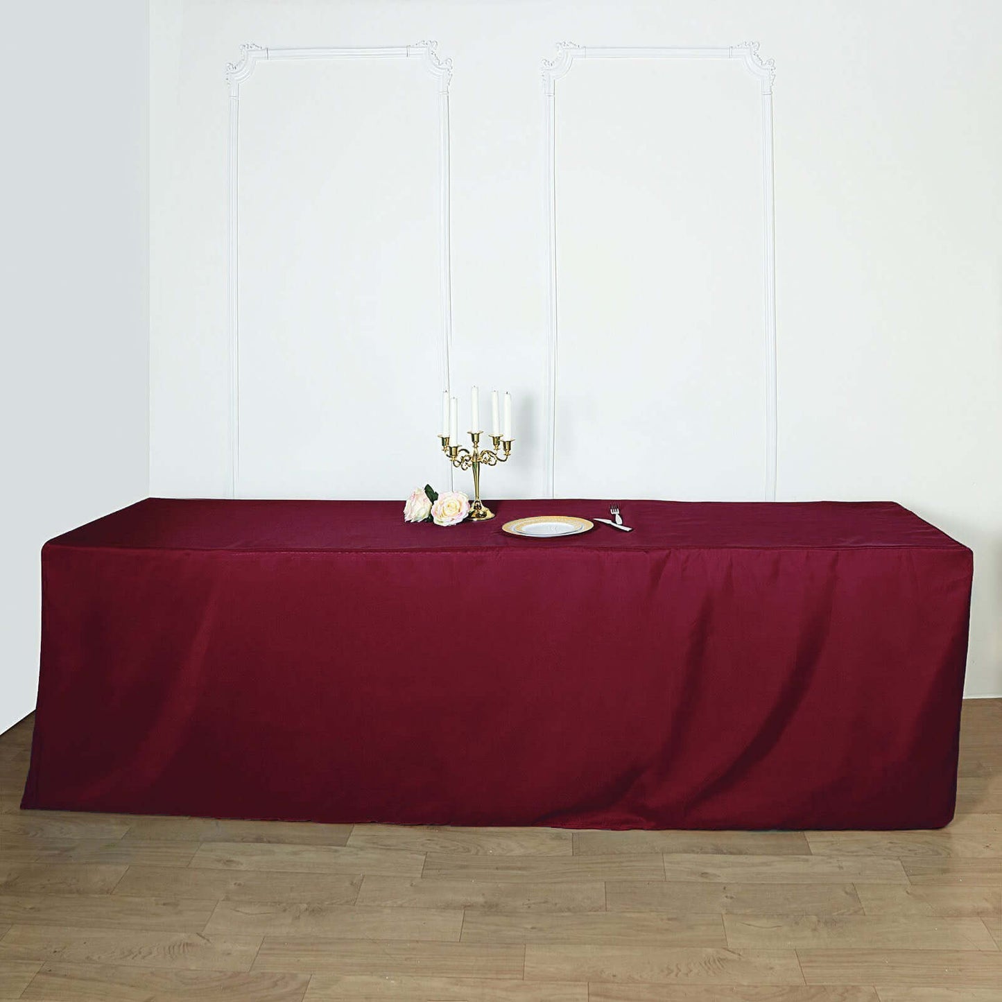Fitted Polyester 96"x30" Rectangle Tablecloth Burgundy - Durable and Easy to Maintain Table Cover - Linen Luxes