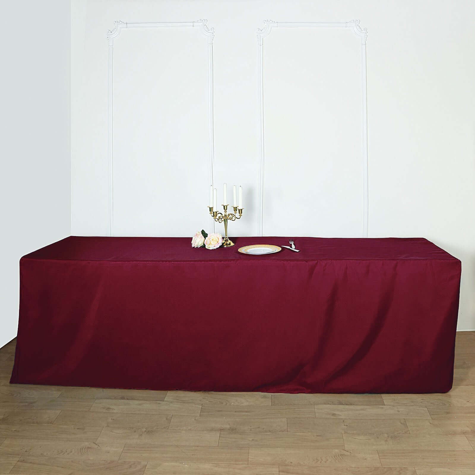 Fitted Polyester 96"x30" Rectangle Tablecloth Burgundy - Durable and Easy to Maintain Table Cover - Linen Luxes