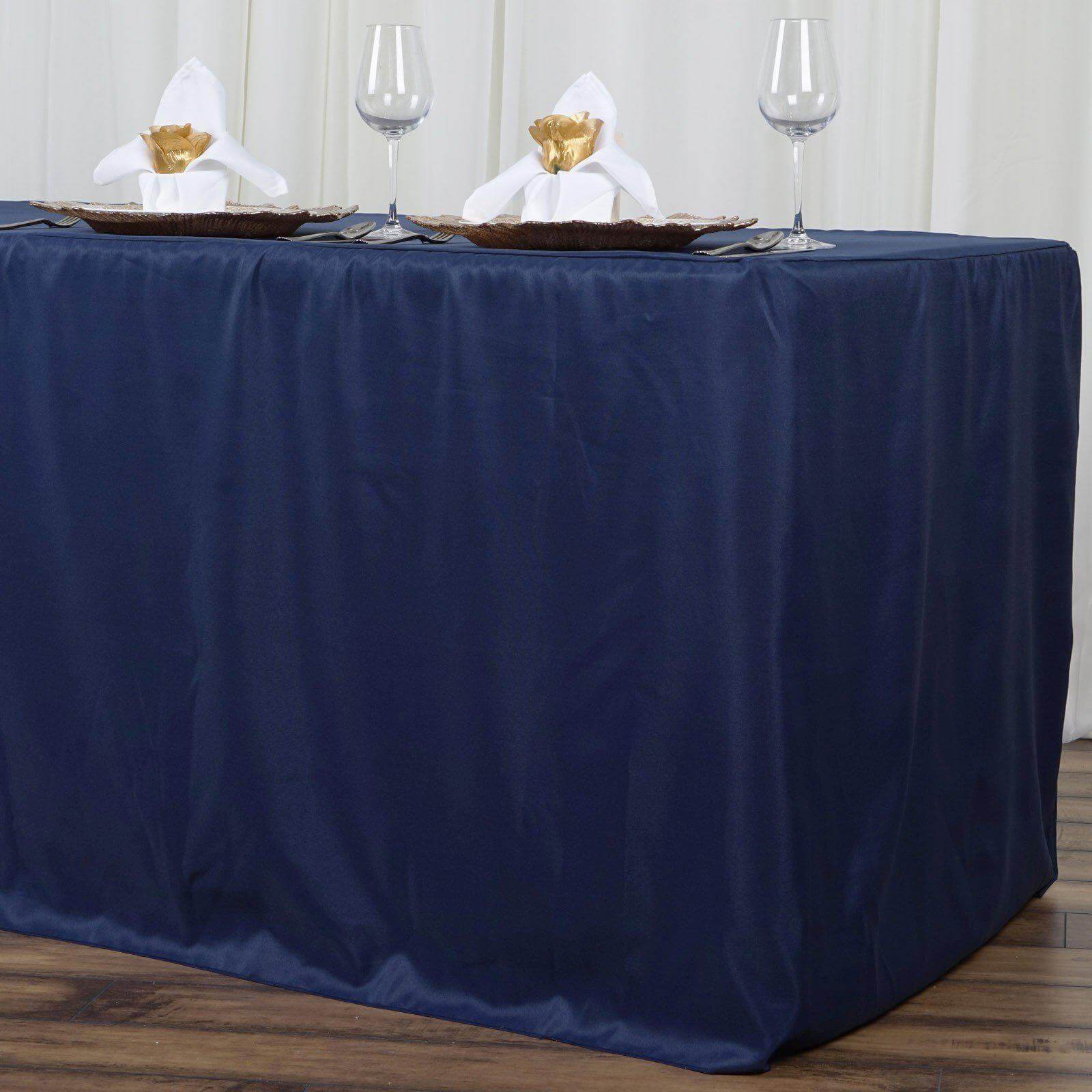 Fitted Polyester 96"x30" Rectangle Tablecloth Navy Blue - Durable and Easy to Maintain Table Cover - Linen Luxes
