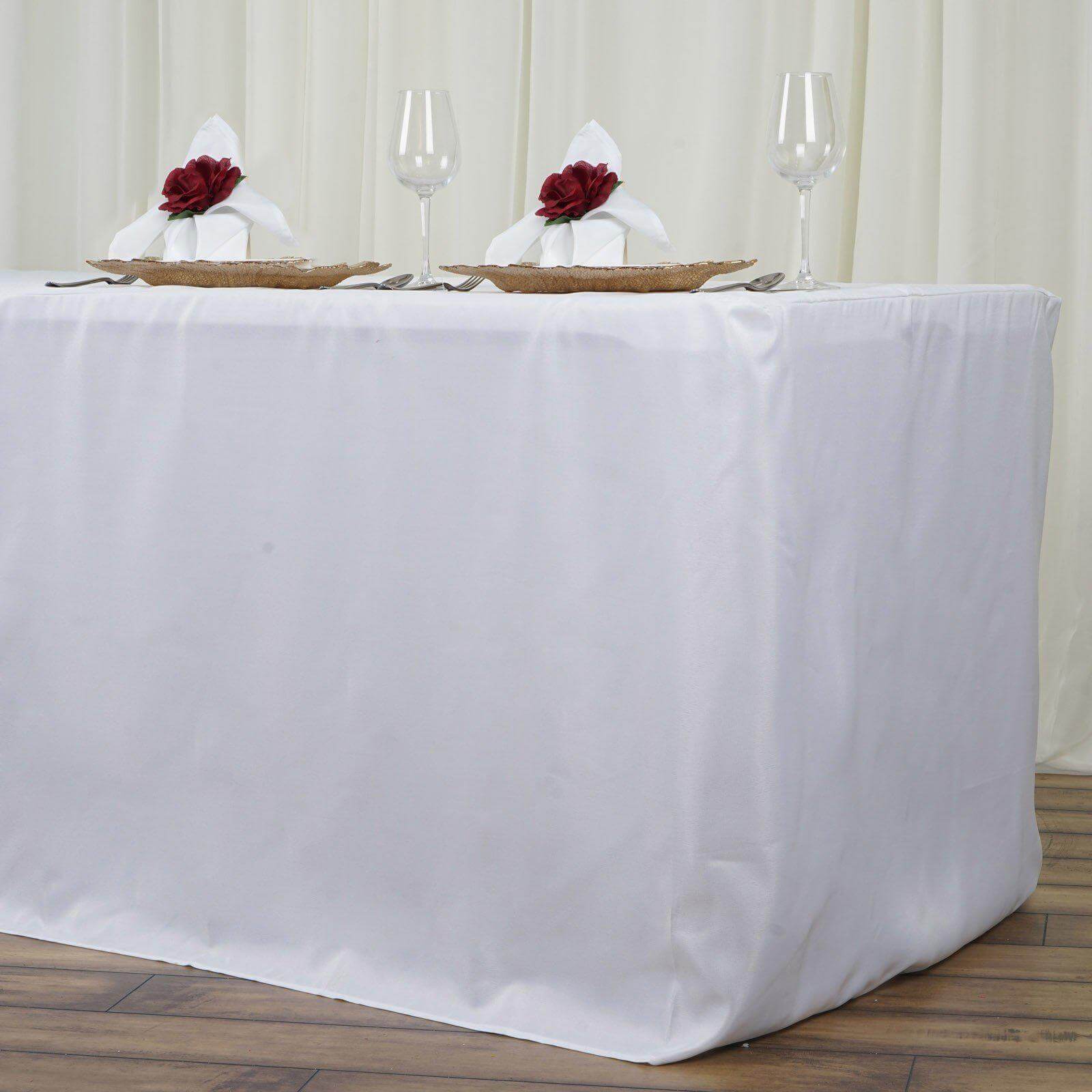 Fitted Polyester 96"x30" Rectangle Tablecloth White - Durable and Easy to Maintain Table Cover for Trade Shows, Catering & Events - Linen Luxes