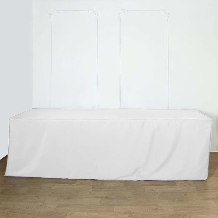 Fitted Polyester 96"x30" Rectangle Tablecloth White - Durable and Easy to Maintain Table Cover for Trade Shows, Catering & Events - Linen Luxes