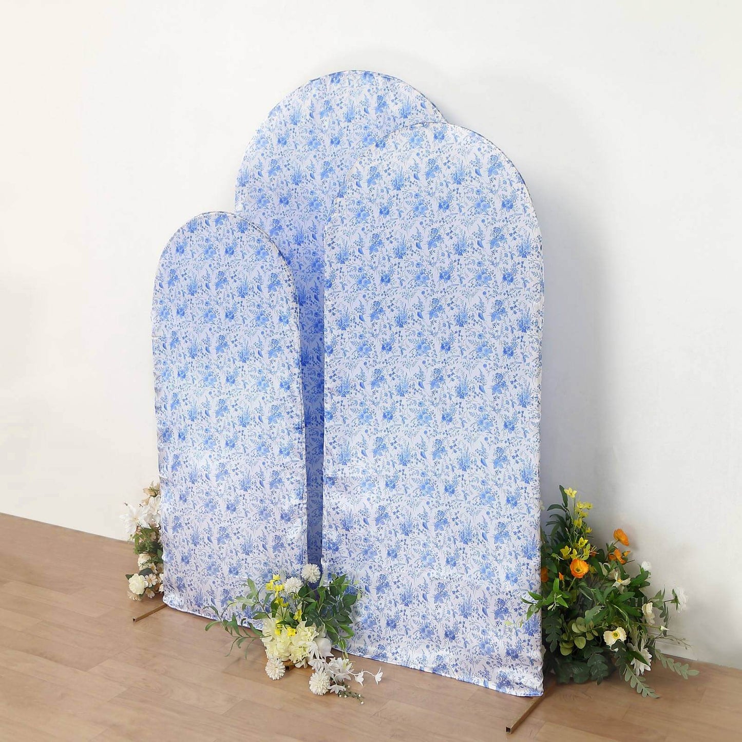 Set of 3 White Blue Satin Chiara Wedding Arch Covers in French Toile Floral Pattern, Fitted Covers For Round Top Backdrop Stands - 5ft,6ft,7ft