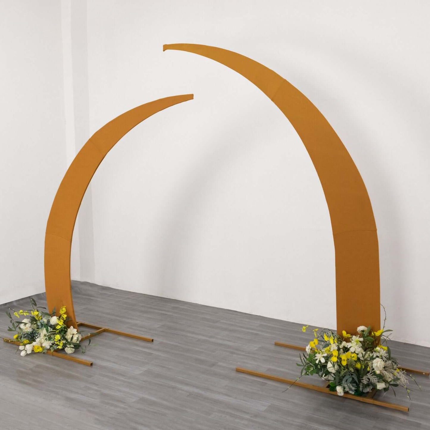 Set of 2 Gold Spandex Half Crescent Moon Backdrop Stand Covers, Custom Fitted Wedding Arch Cover for Curved Arbor Flower Balloon Frame