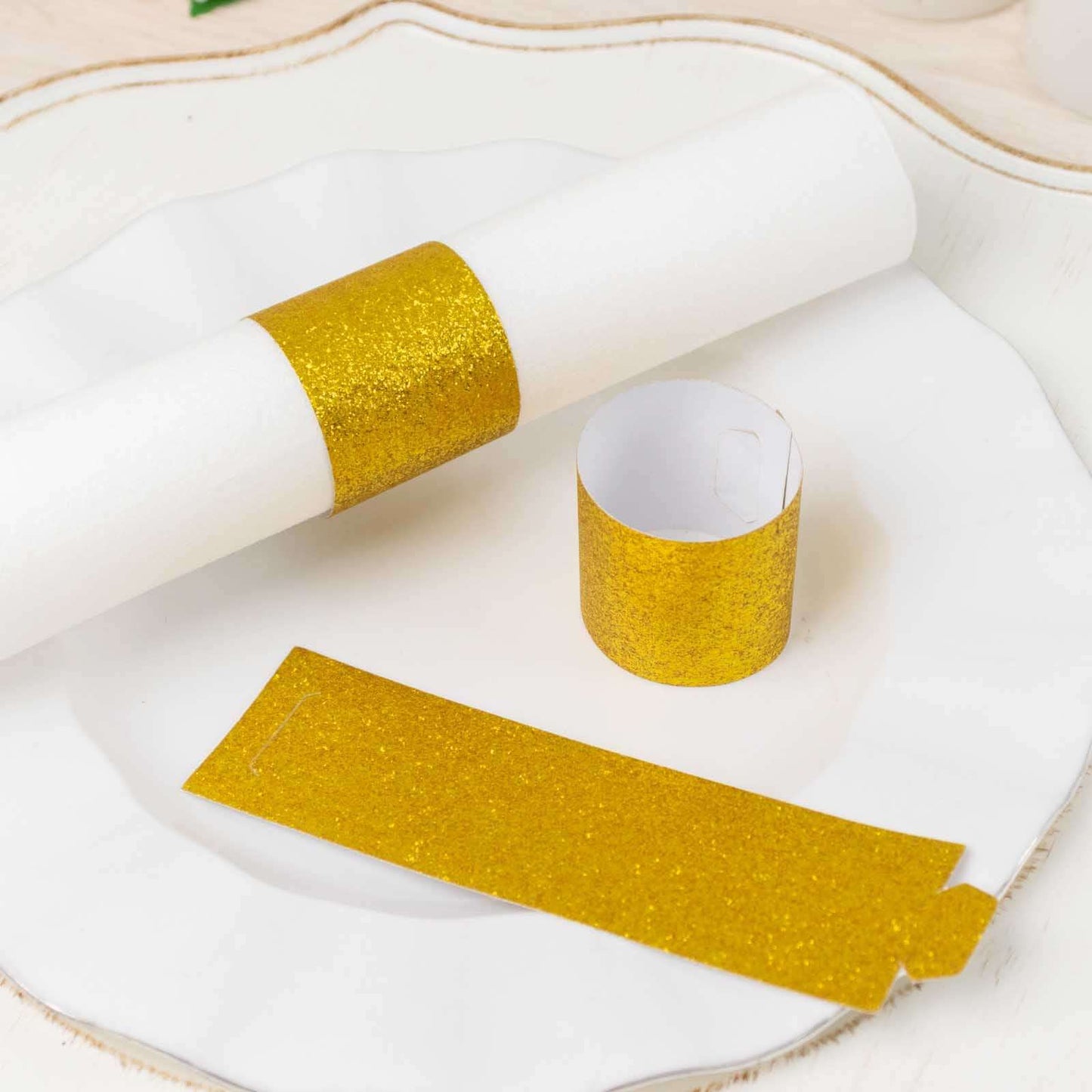 50-Pack Paper Napkin Rings Gold Glitter - Stylish Disposable Napkin Holders 1.5"