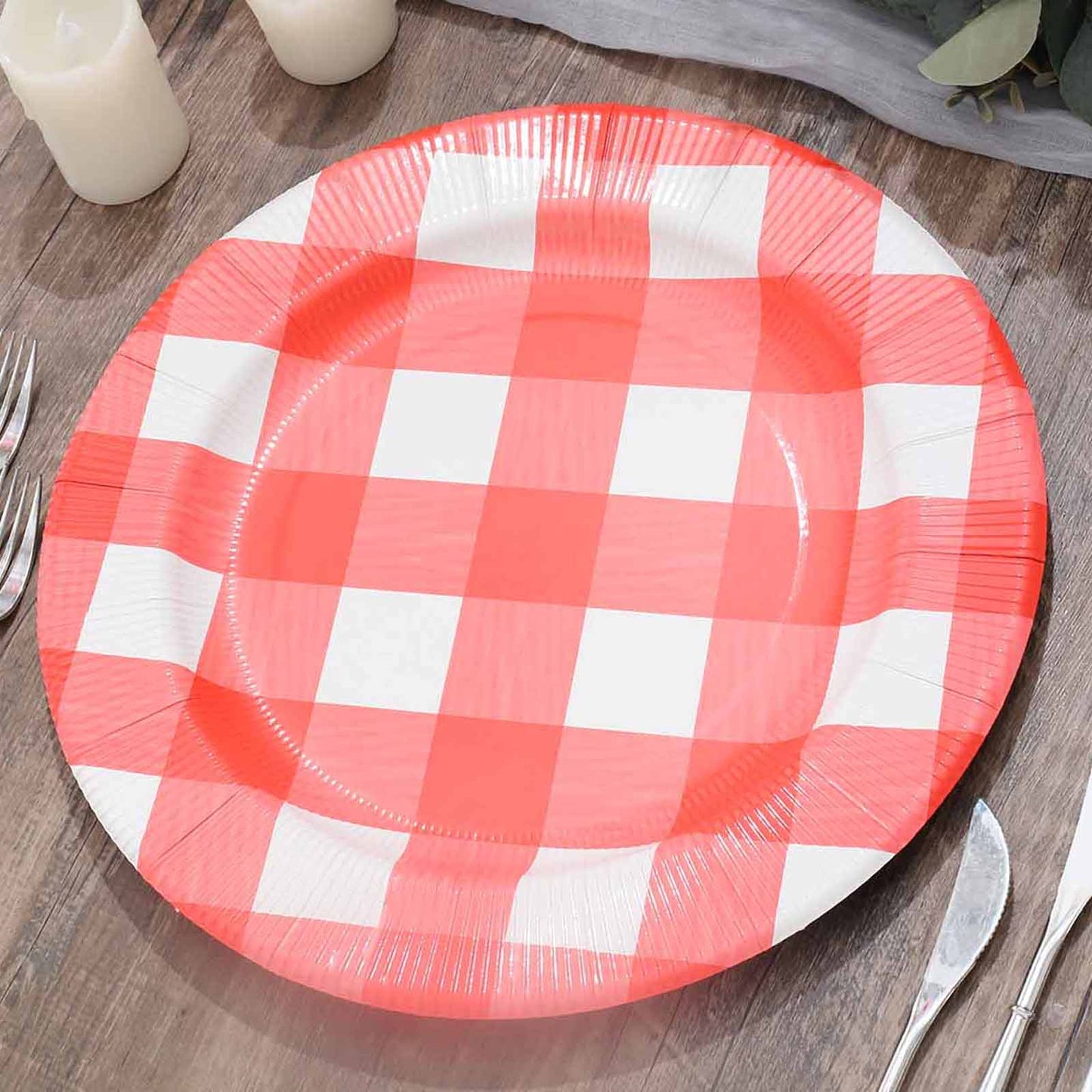 10-Pack Disposable Paper Charger Plates â€“ Red/White Buffalo Plaid 13" Round Table Chargers, 350 GSM Cardstock