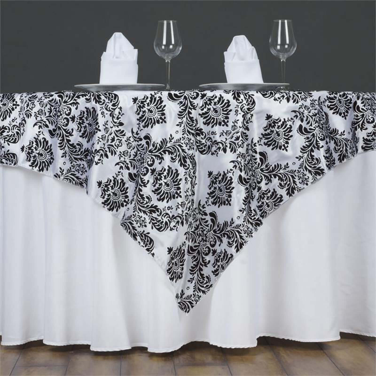 Flocking 60"x60" Table Overlay Square Tablecloth Black - Damask Design for Stylish Occasions - Linen Luxes