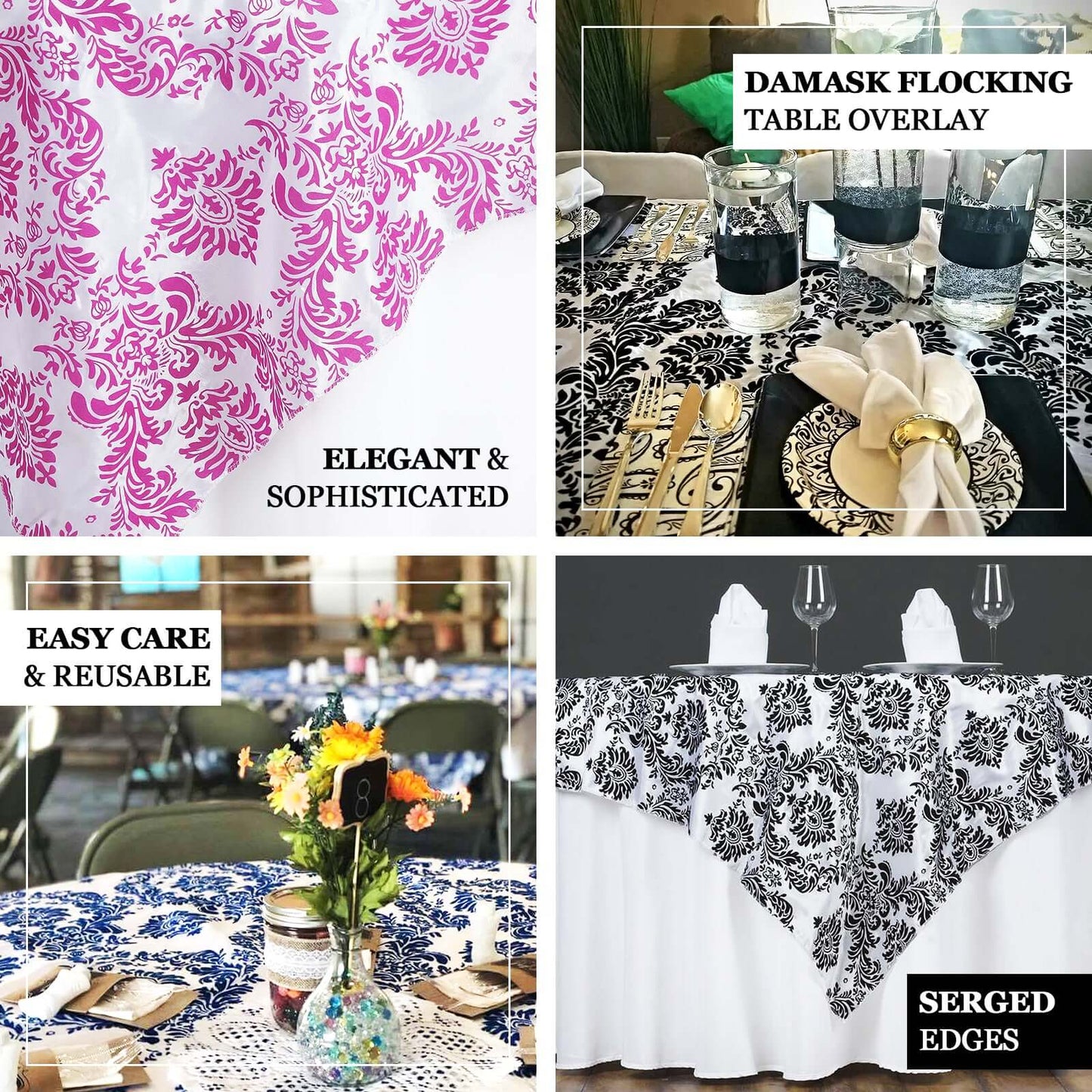 Flocking 60"x60" Table Overlay Square Tablecloth Black - Damask Design for Stylish Occasions - Linen Luxes