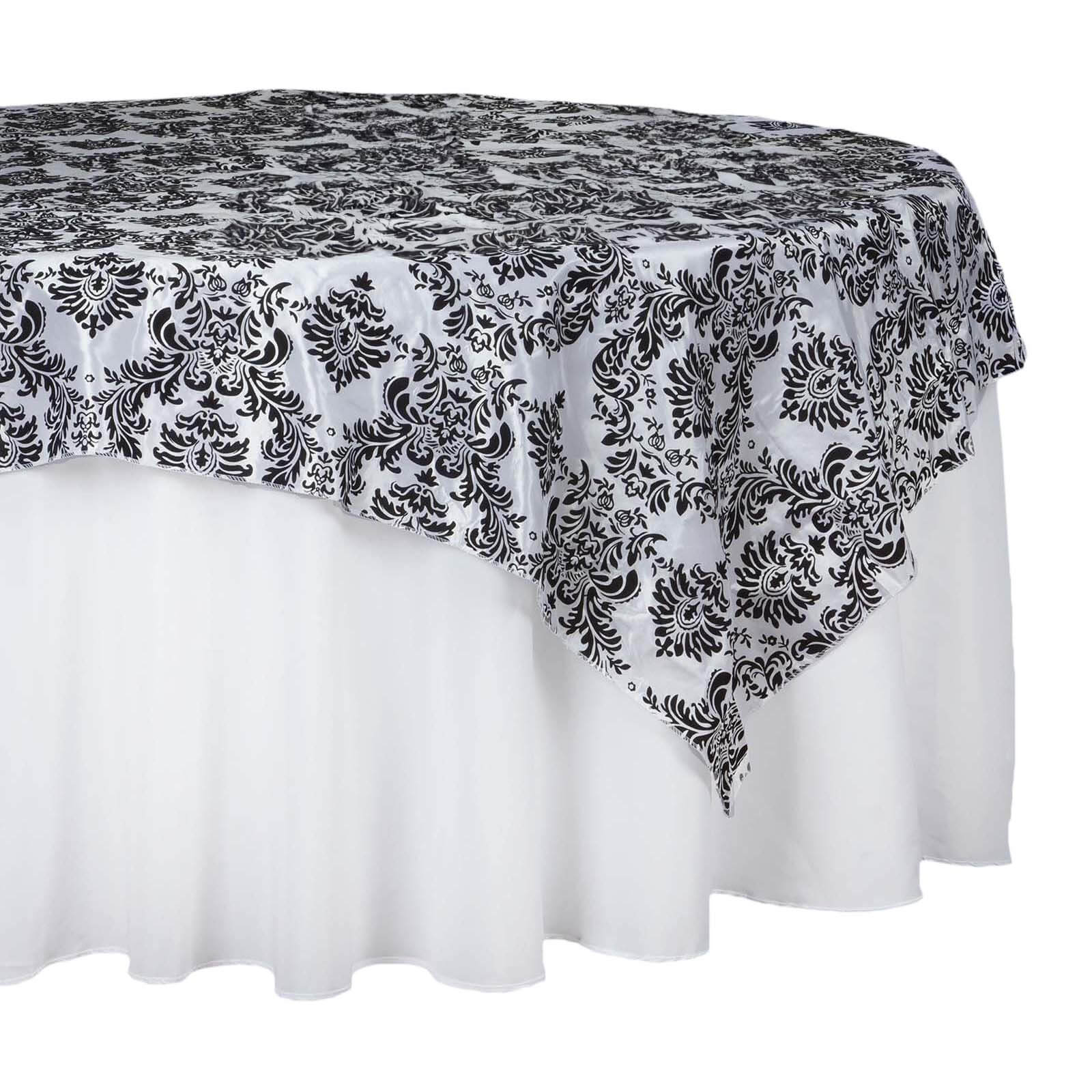 Flocking 60"x60" Table Overlay Square Tablecloth Black - Damask Design for Stylish Occasions - Linen Luxes