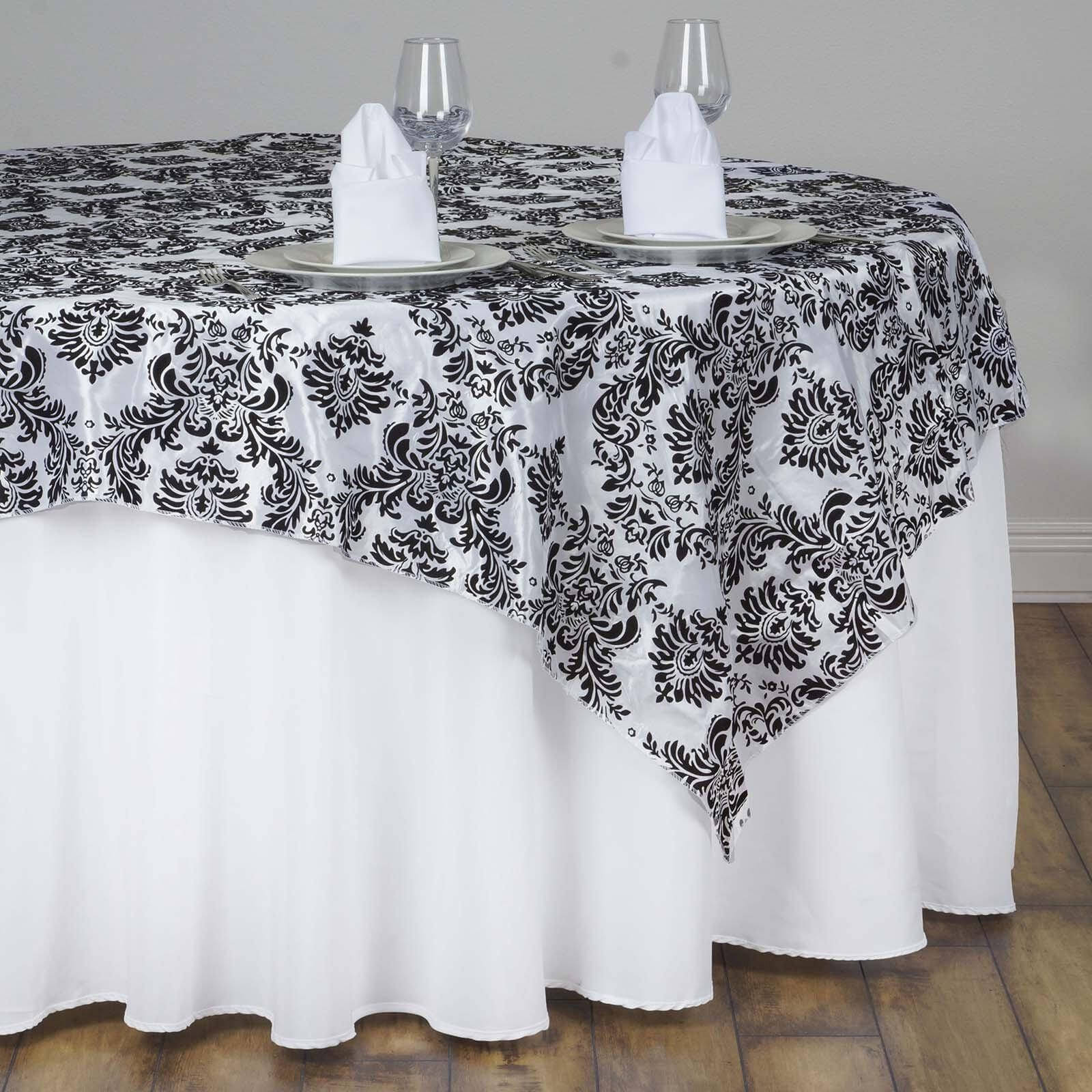 Flocking 60"x60" Table Overlay Square Tablecloth Black - Damask Design for Stylish Occasions - Linen Luxes