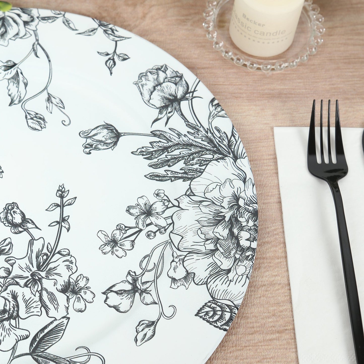 6-Pack Acrylic Round Charger Plates 13" in White with Black Floral French Toile Pattern, Decorative Dinner Party Charger Tableware