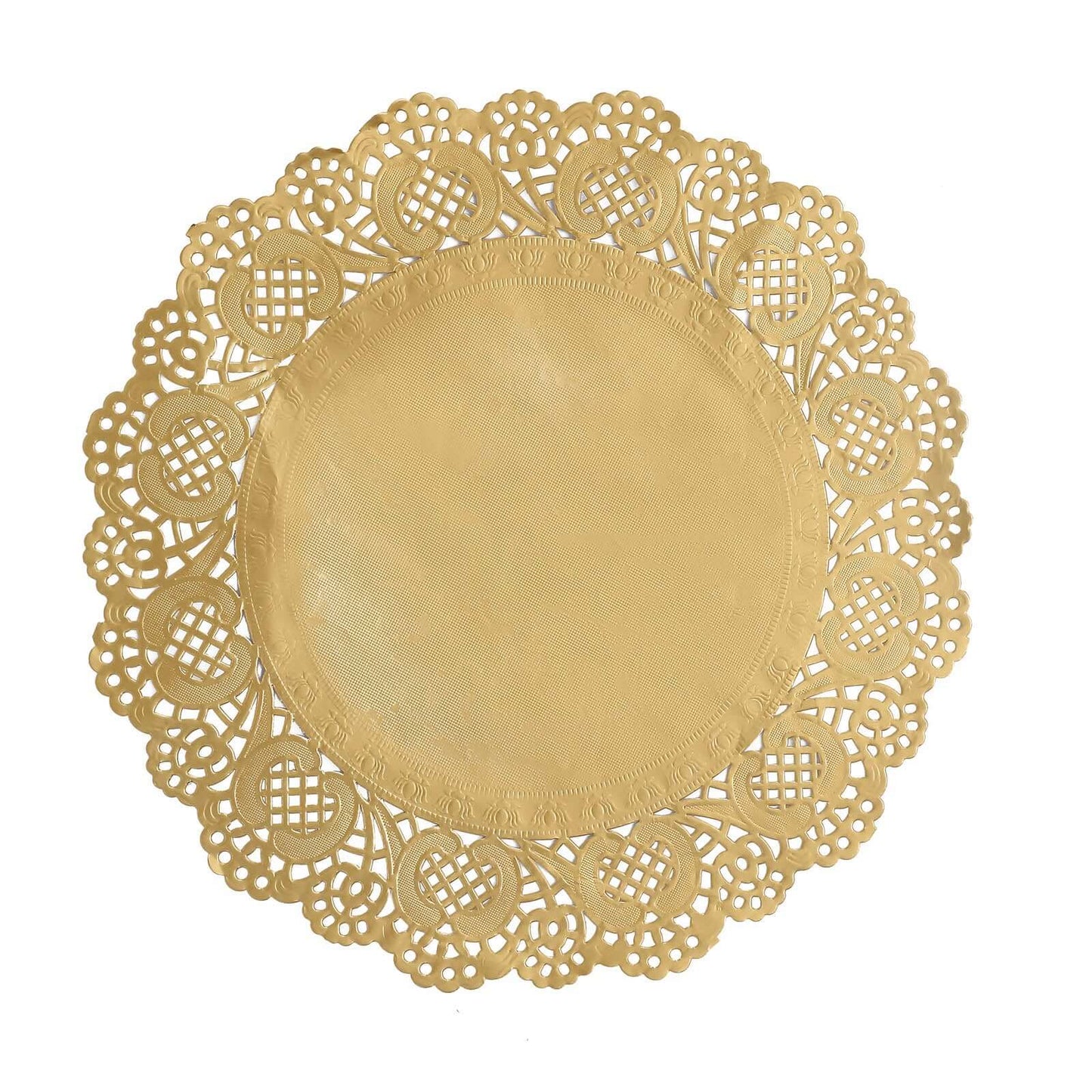 50 Pcs Paper 12" Round Placemats in Gold - Food Grade Lace Paper Doilies for Dessert Display & Table Decor