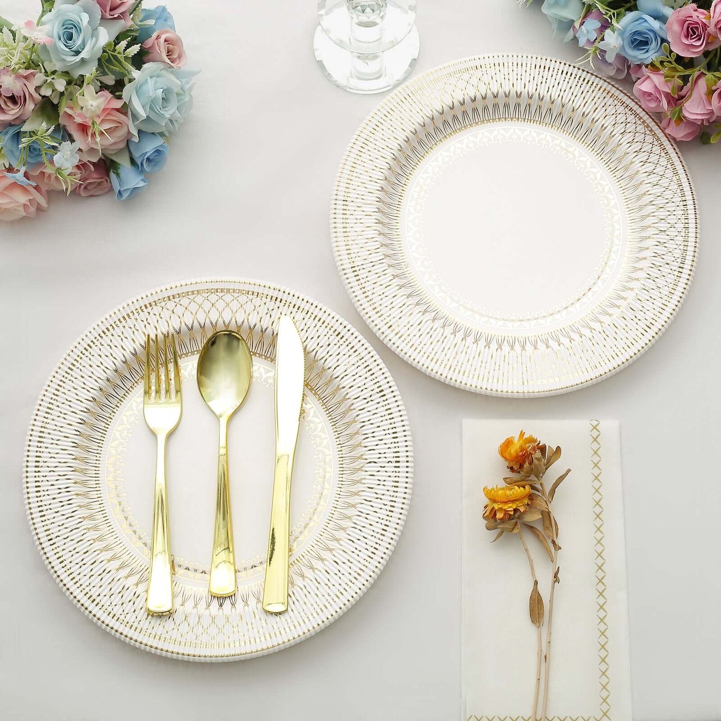 25-Pack Paper 10" Round Dinner Plates in White with Gold Vintage Porcelain Style Rim - Disposable 300GSM Party Plates