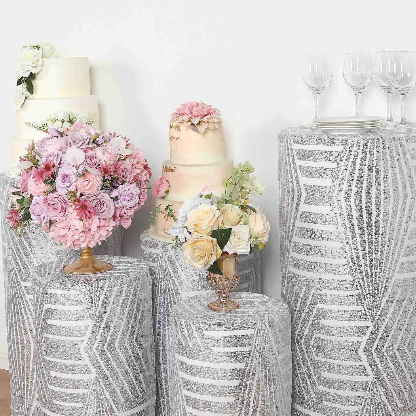 Set of 5 Silver Sequin Mesh Cylinder Pedestal Stand Covers with Geometric Pattern Embroidery, Sparkly Sheer Tulle Pillar Prop Covers
