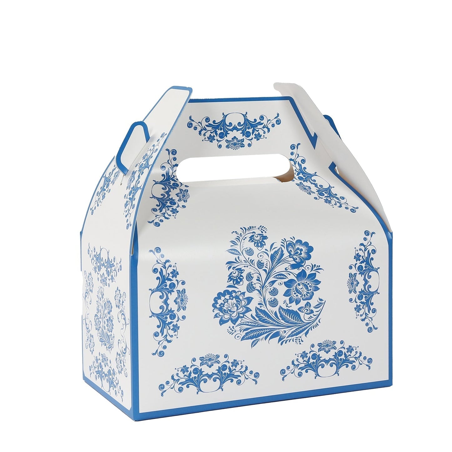25 Pack Candy Gift Tote Gable Boxes in White Royal Blue Damask Floral Pattern, Party Favor Treat Boxes - 6"x3.5"x7"
