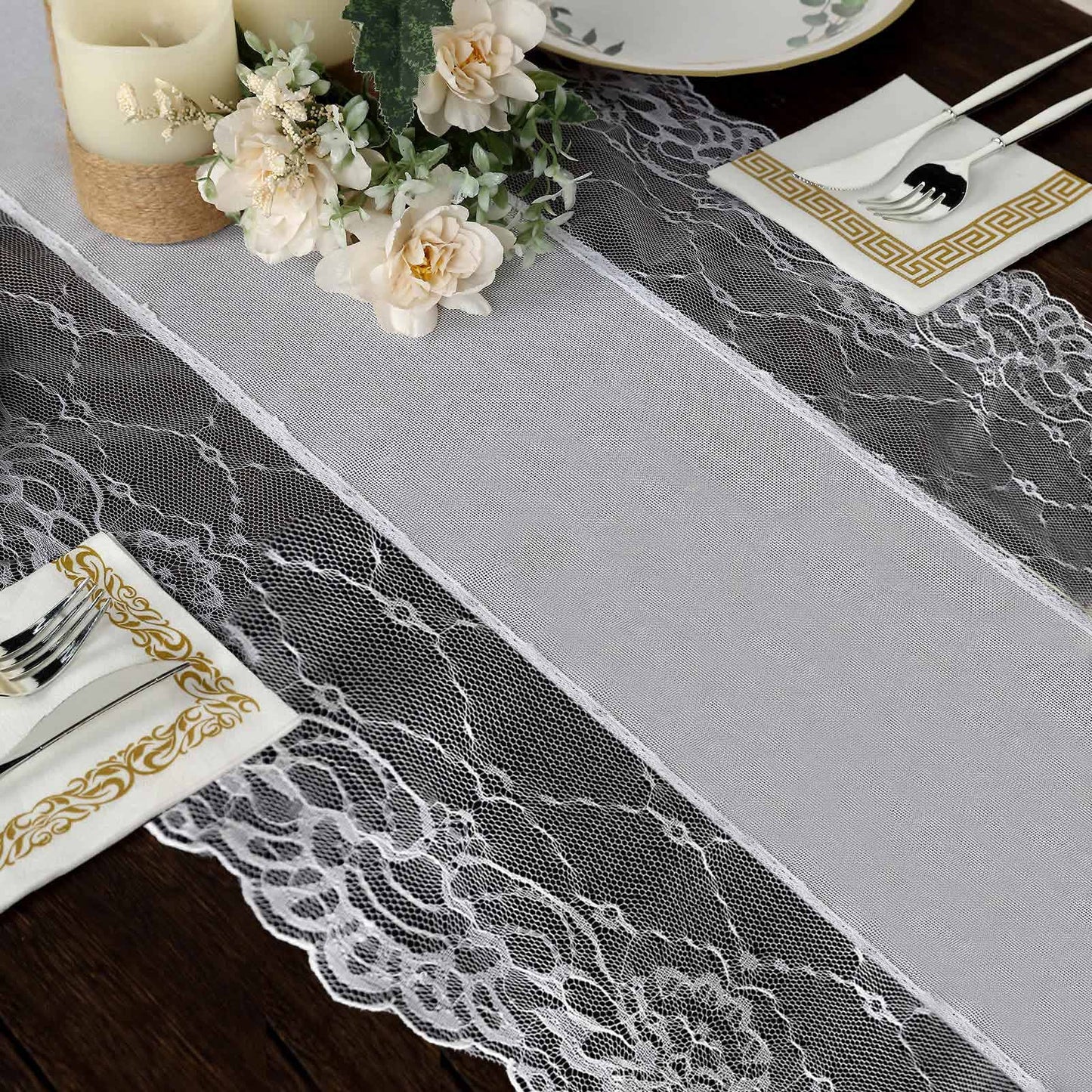 Faux Burlap Jute 16"x108" Table Runner White With Lace Edging - Rustic Farmhouse Table Linen