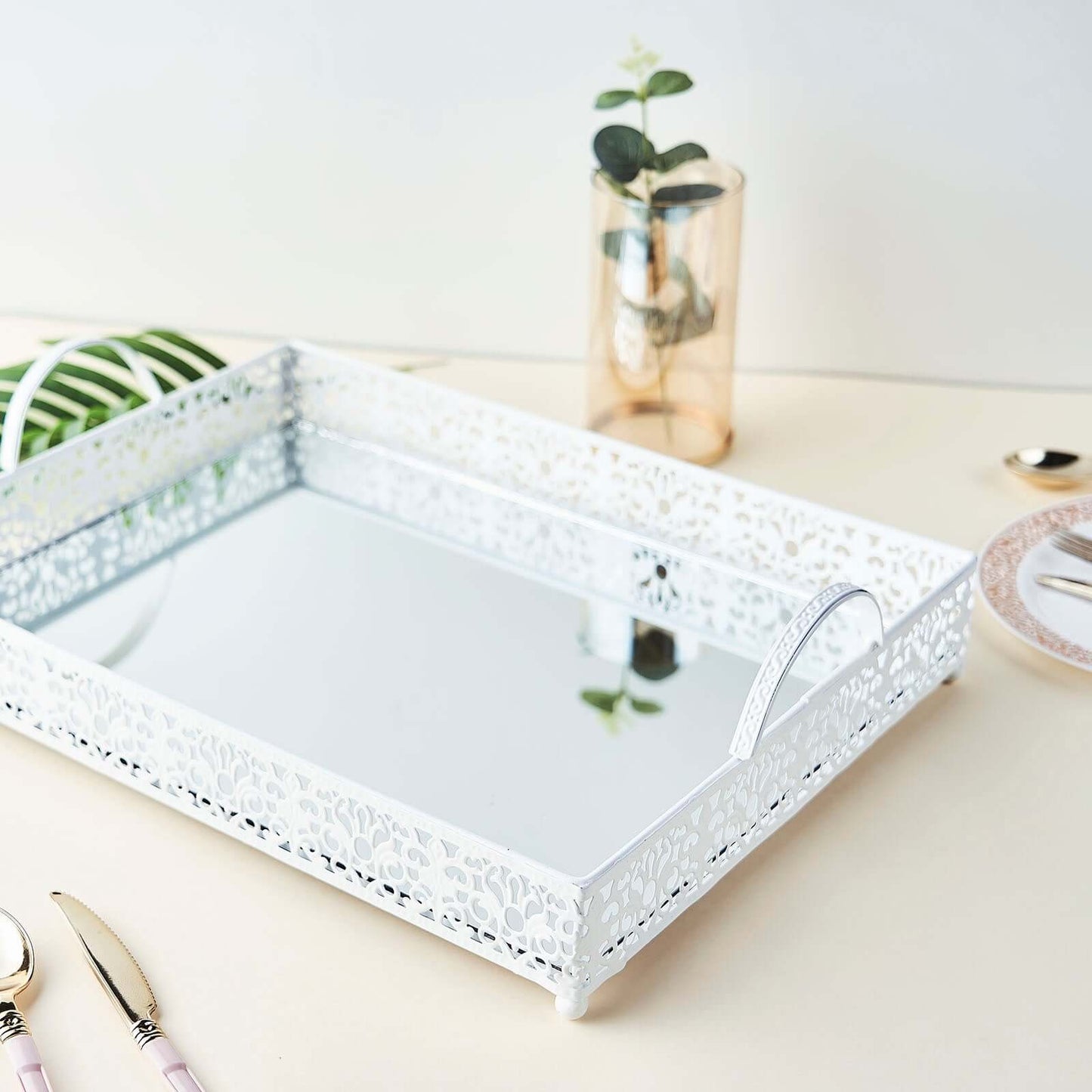 Metal Mirrored Rectangle Serving Tray 16"x12" in White Fleur De Lis Design with Handles, French Inspired Decorative Vanity Tray Centerpiece
