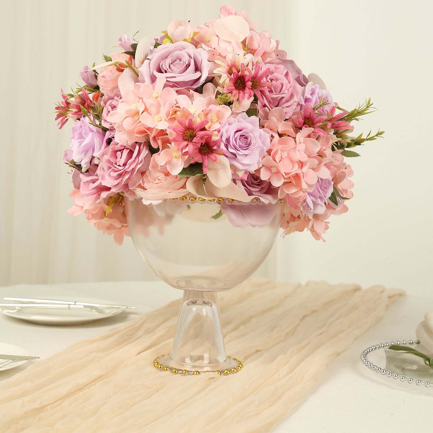 Compote Pedestal Bowl Glass Flower Vase Clear with Gold Beaded Rim - Footed Candy Trifle Bowl for Displays 8"