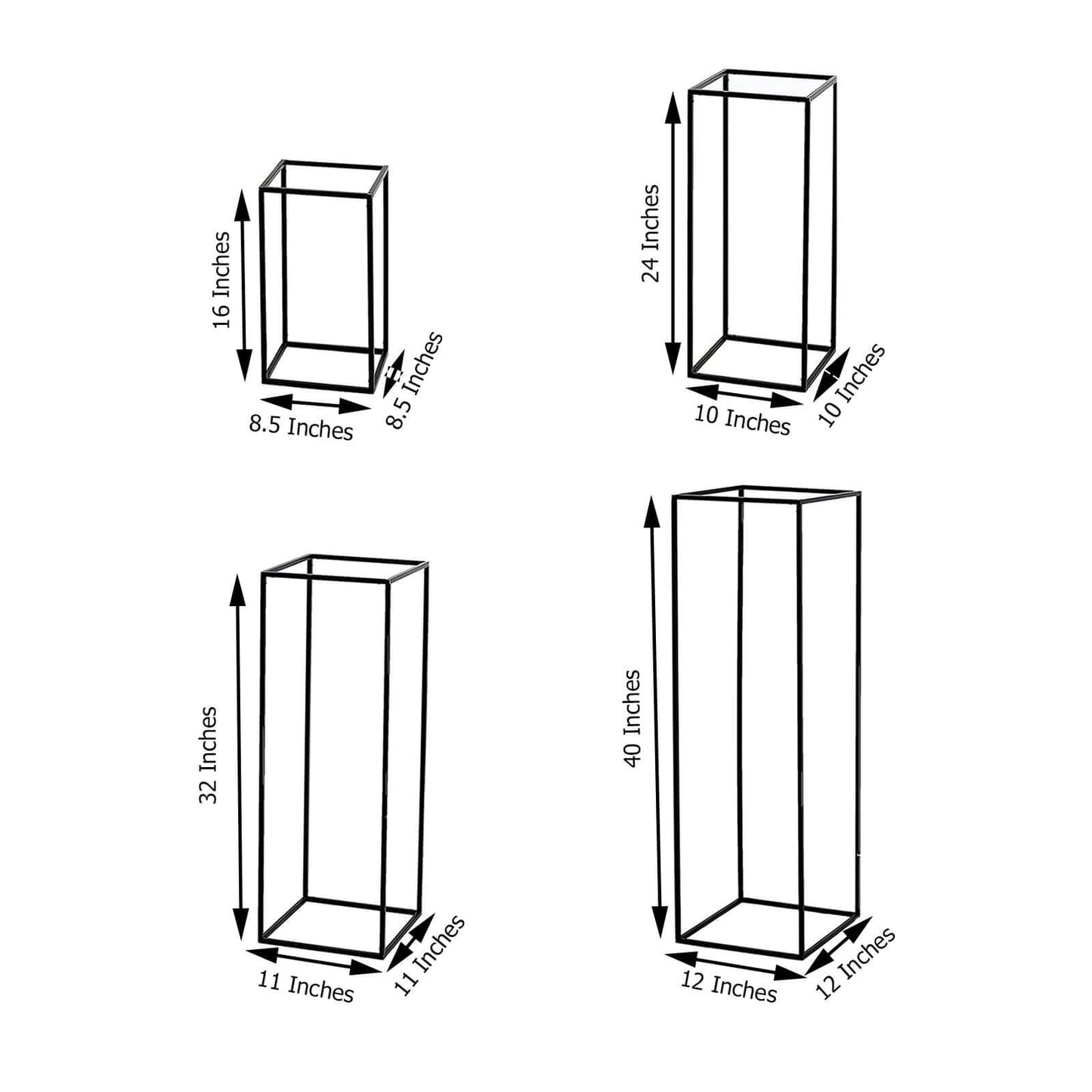 Set of 4 Metal Flower Stands Frame Wedding Column Centerpieces Matte Black - Durable Display 16"/24"/32"/40"